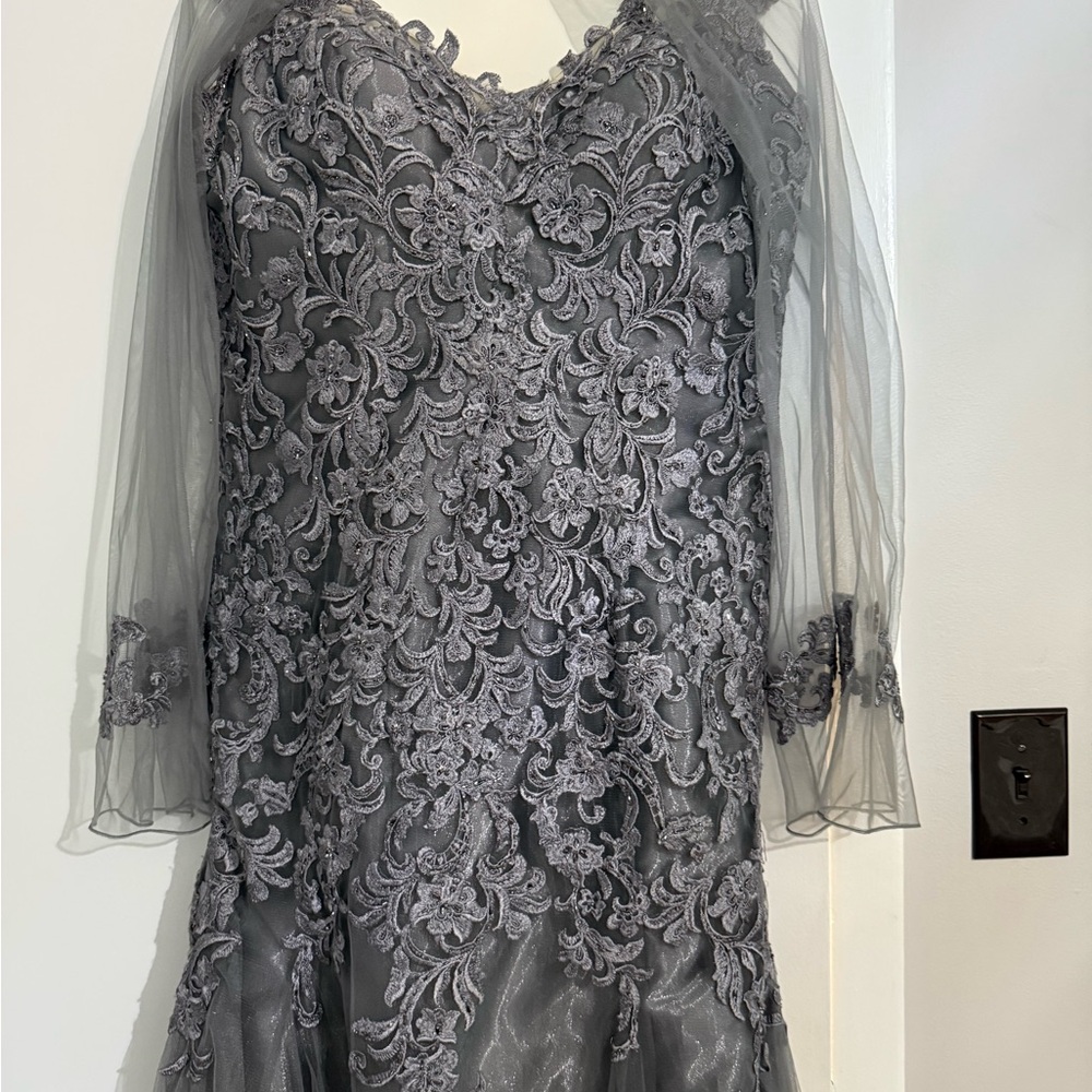Montage Boutique Gray Lace Evening Gown with matching shawl